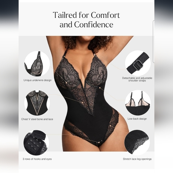 Popilush Black Lace Deep V Corset Shapewear Tummy Control Bodysuit Size  XXL - Picture 3 of 10